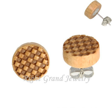 Tablero de ajedrez Logo redondo pendiente de madera pernos Logo 3D Ear Piercing para los hombres